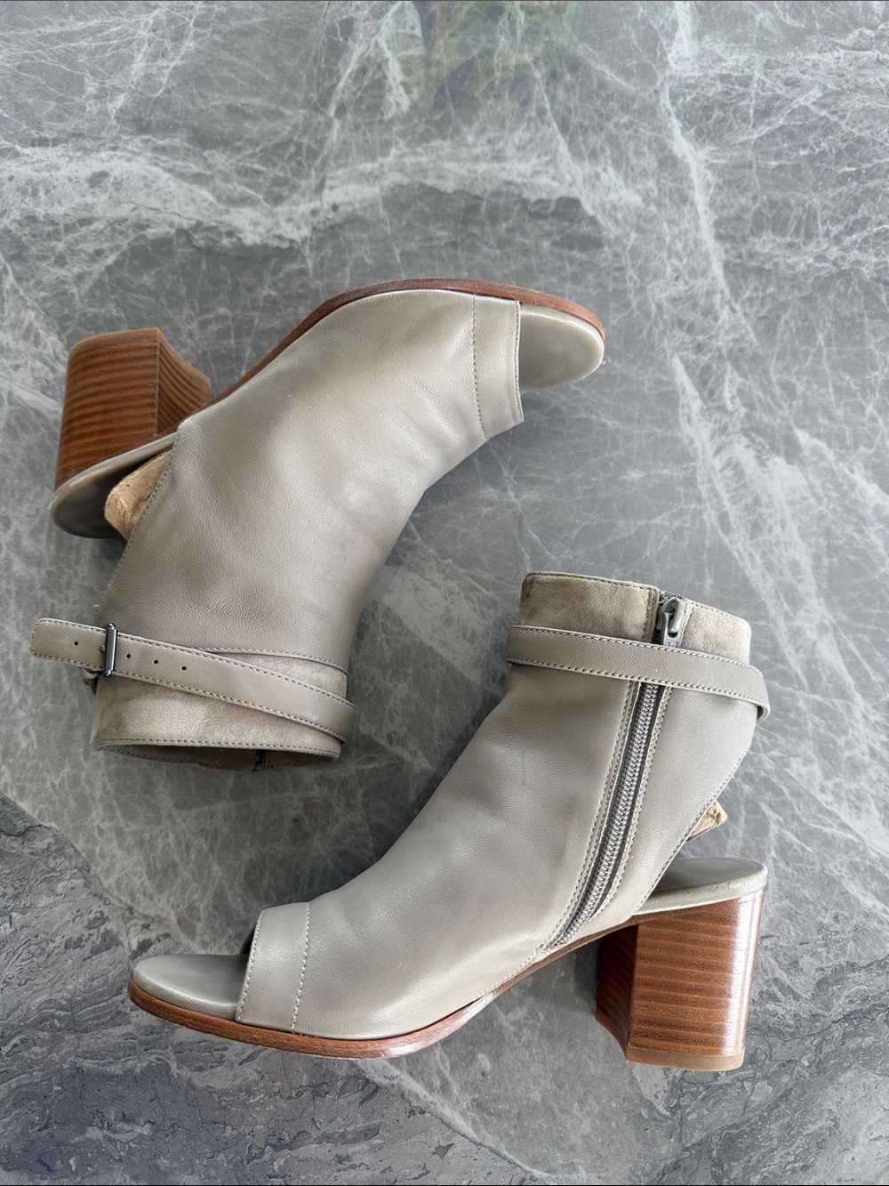 Vince Taupe Open-Toe Block Heel Booties